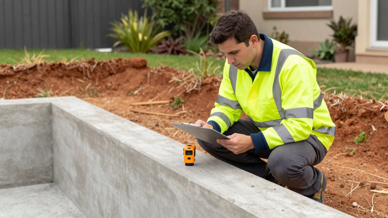 Geotechnical engineer inspecting a concrete foundation slab in a backyard