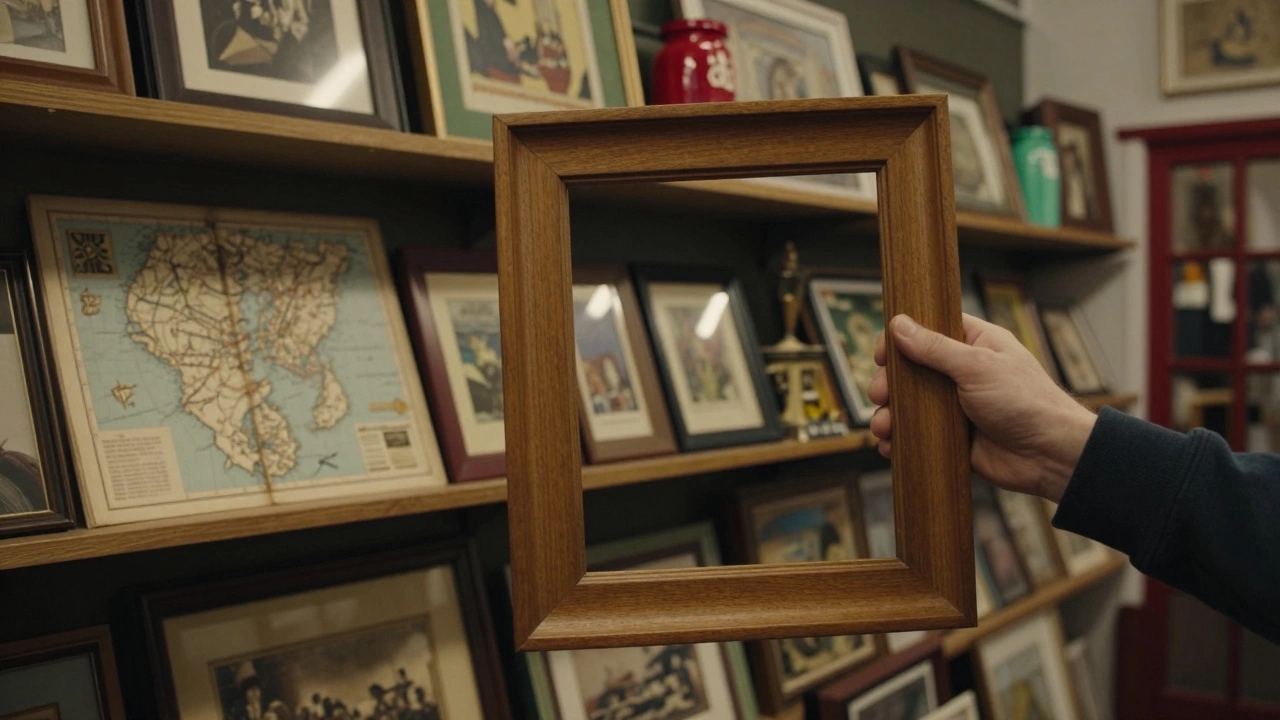 Hand holding a vintage wood frame in a cluttered thrift store aisle.