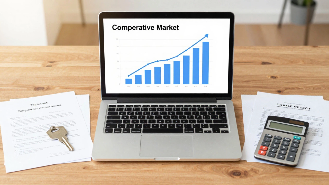 Laptop showing market analysis graphs with keys and documents
