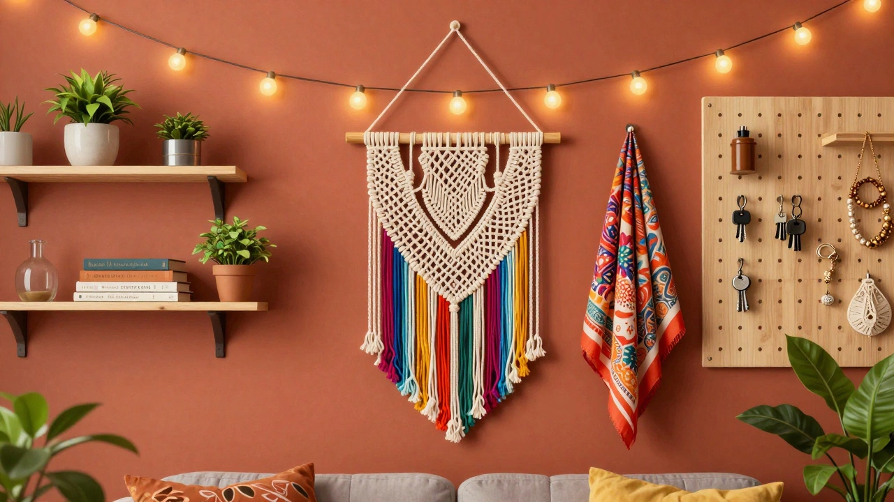 Macrame hanging and shelves with fairy lights in a cozy room