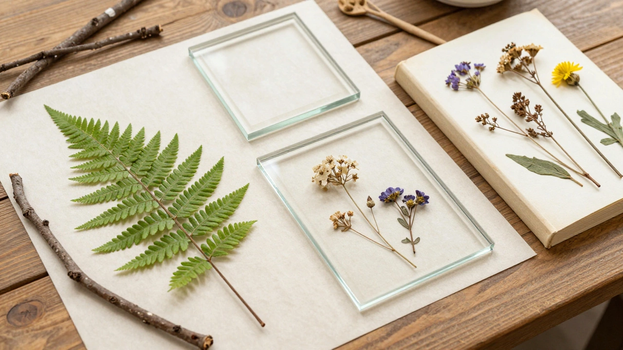 Pressed flowers, ferns, and empty frames arranged on a wooden table.