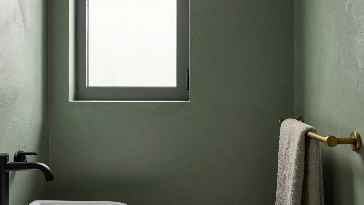 Sage green textured walls with matte black fixtures