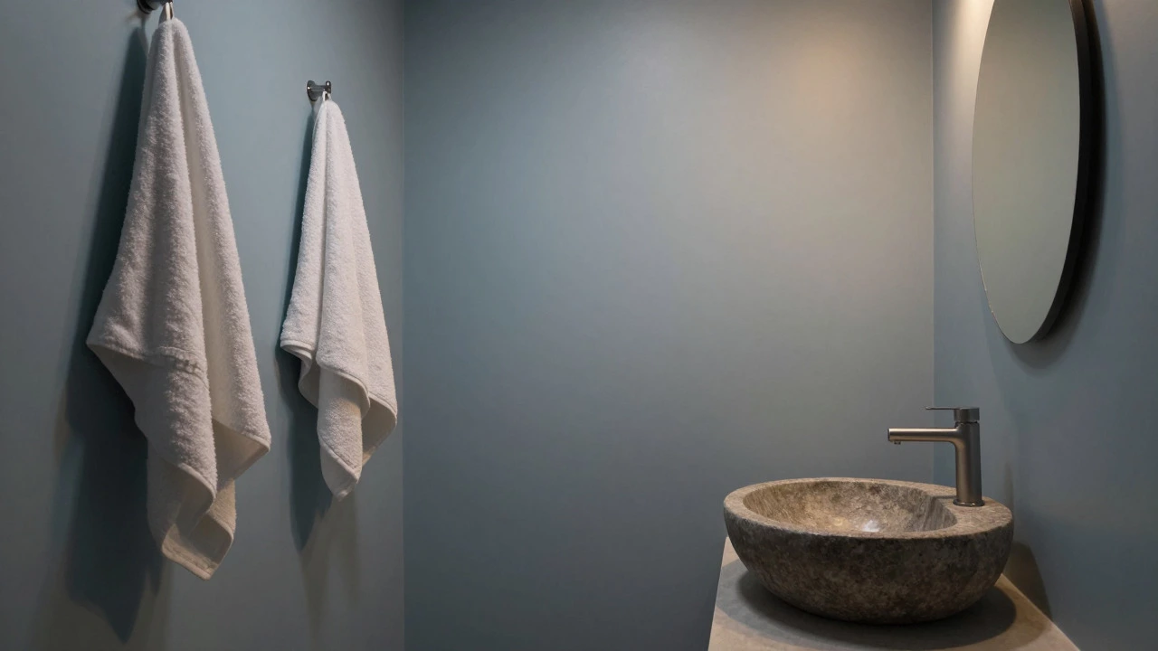 Soft blue bathroom with dimmed warm lighting