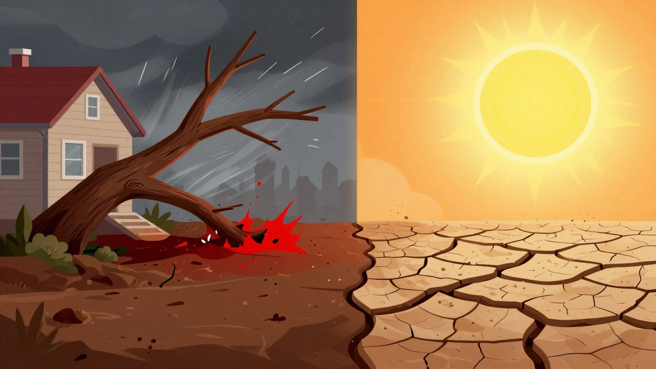 Split illustration showing sudden tree damage vs gradual soil shrinkage affecting foundations