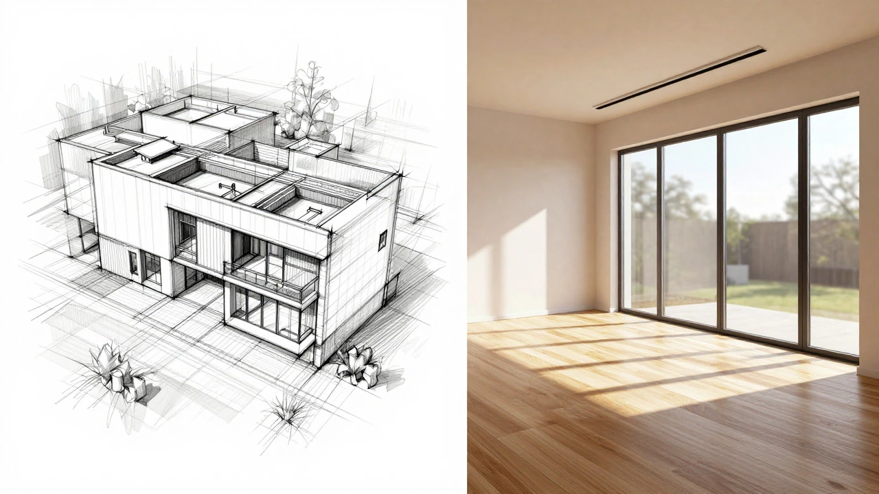 Split view comparing rough sketches to detailed 3D architectural renderings