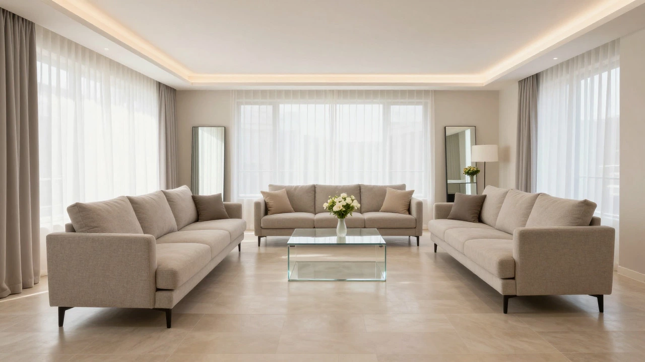 Staged living room with neutral furniture and natural light