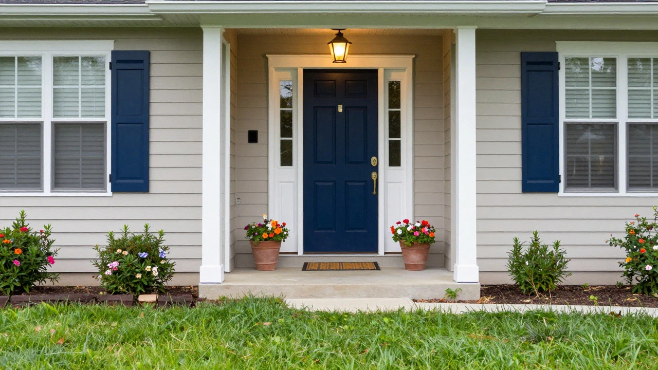 Welcoming front door with navy paint and manicured garden