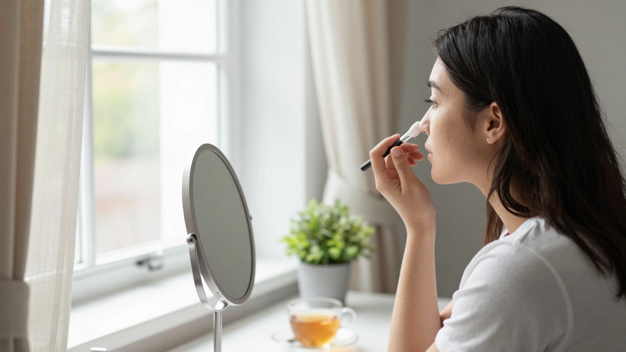Woman applying makeup at vanity with optimal side-lighting from a nearby window