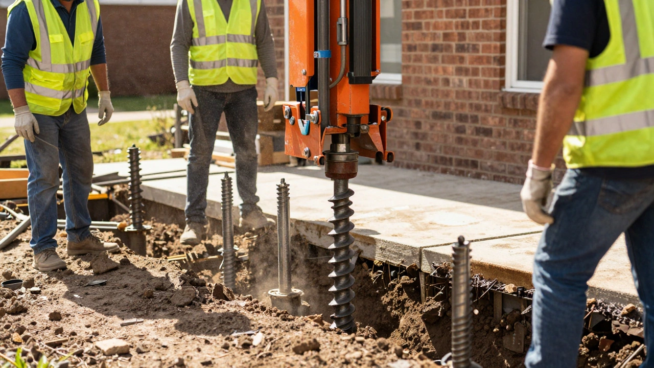 Workers installing steel helical piers for foundation stabilization