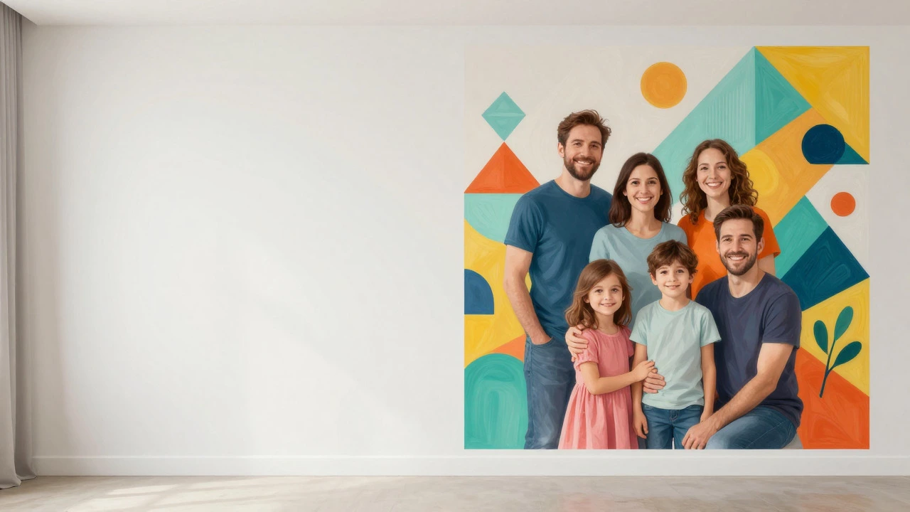 AI-generated custom geometric mural on a white wall