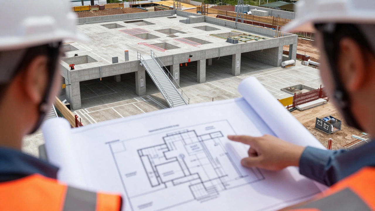 Architect reviewing blueprints at a commercial construction site with accessibility features