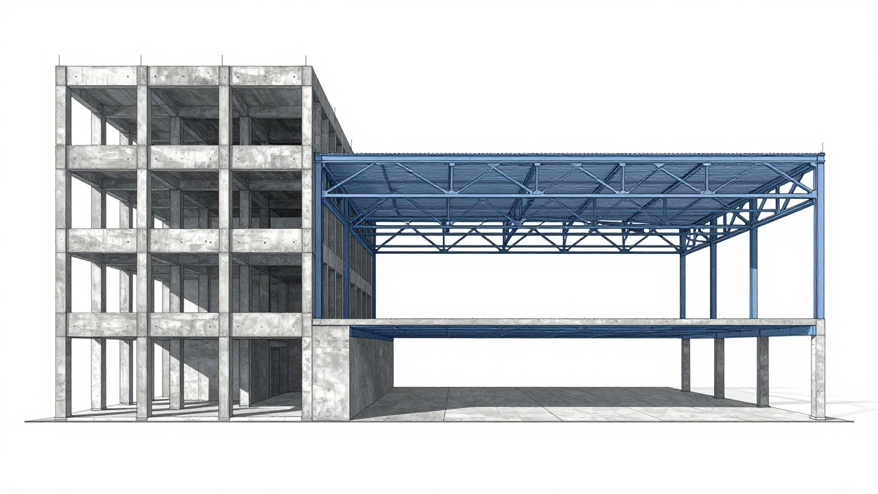 Architectural cross-section comparing concrete commercial frames with open-span industrial steel structures