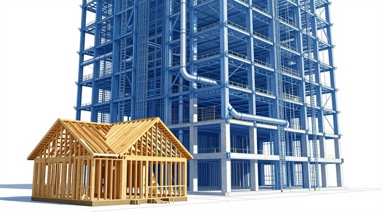 Artistic cross-section showing simple wooden home framing versus complex steel commercial structure