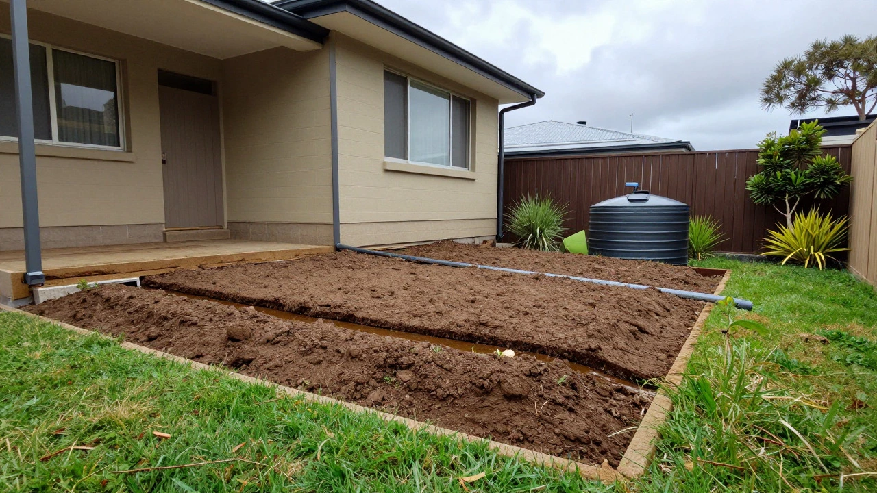 Backyard landscaping showing soil graded away from a house foundation