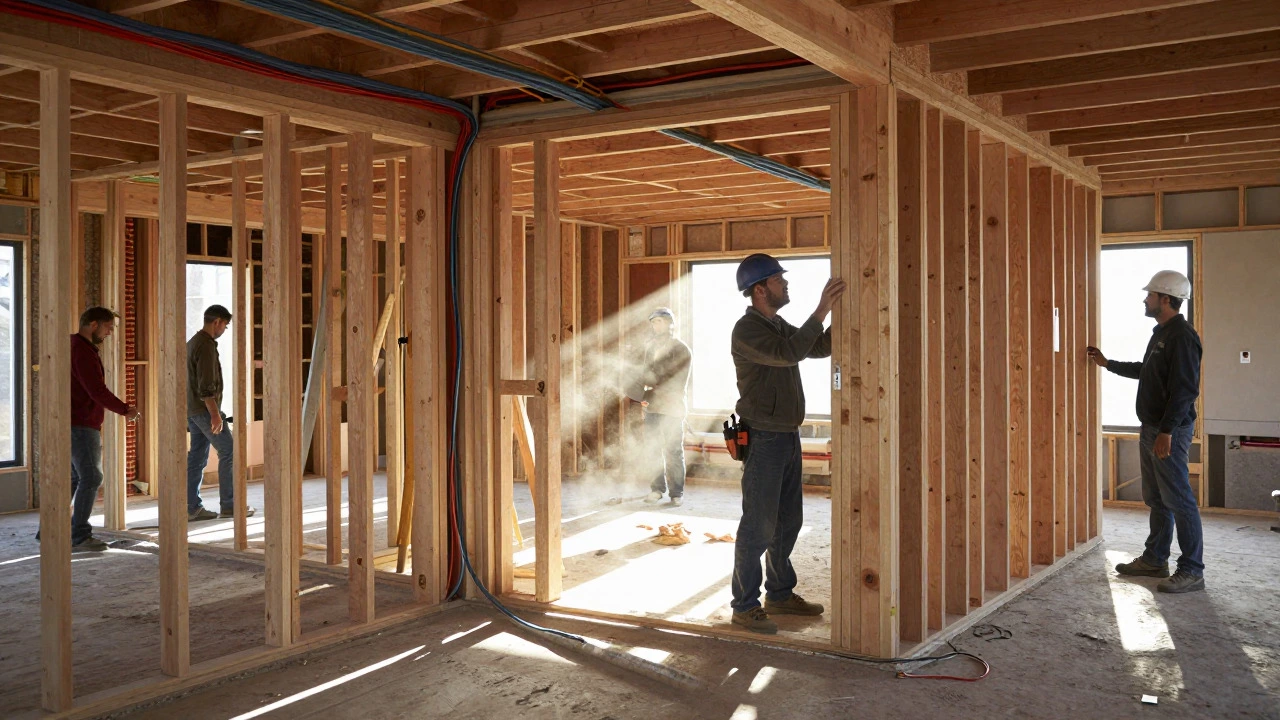 Building surveyor inspecting exposed wiring and framing