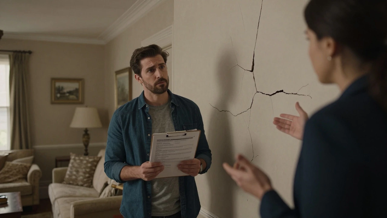 Buyer inspecting cracked walls during a tense real estate negotiation