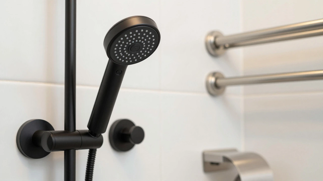 Close-up of modern matte black taps and showerhead on clean tiled wall
