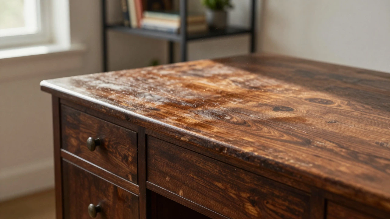 Close up of restored dark wood furniture showing rich grain texture