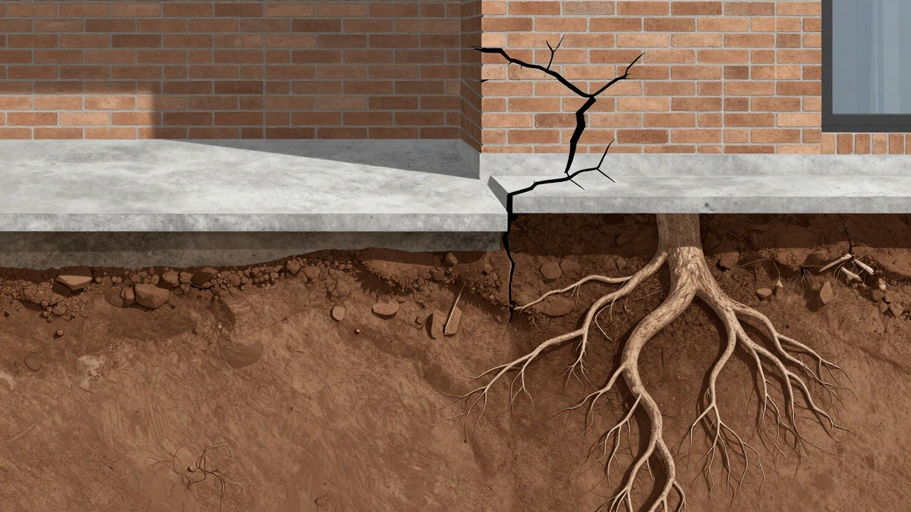 Cross-section diagram showing house foundation sinking in clay soil