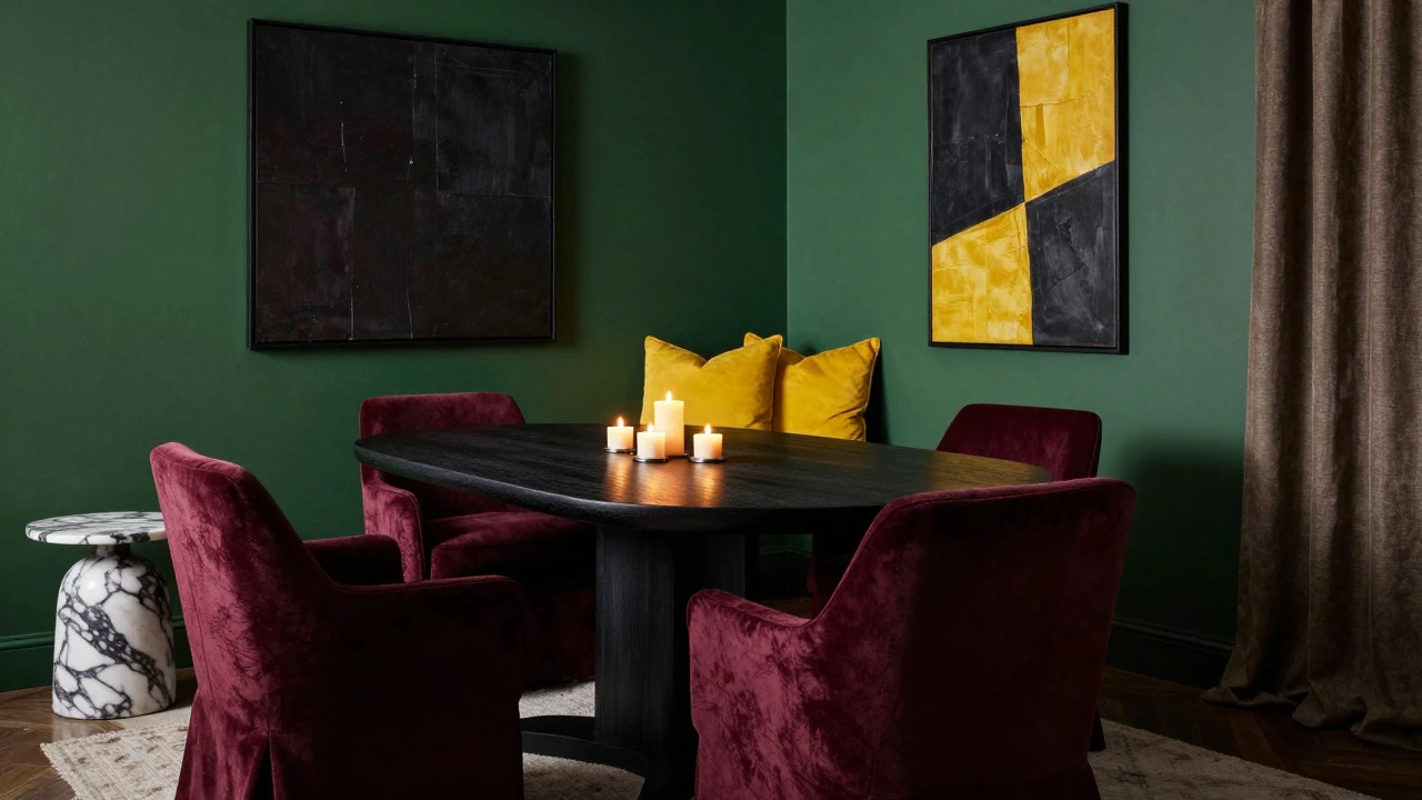 Dramatic dining room with ebony table and bold jewel-toned decor