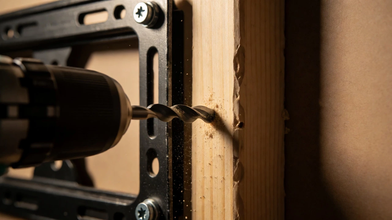Drill screwing TV mount bracket into wooden wall stud