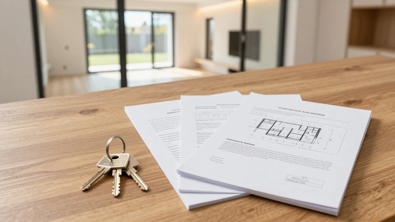 House keys and completion documents on a table