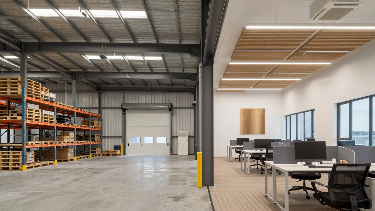 Hybrid building design blending industrial warehouse features with modern office interiors