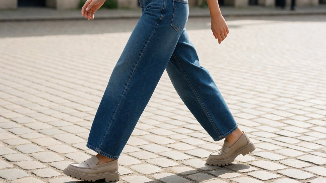 Person walking in barrel-leg jeans and chunky matte loafers on cobblestones
