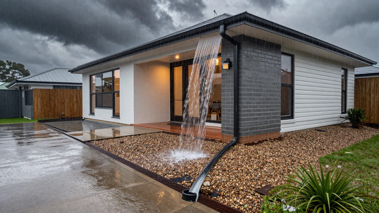 Rainwater draining away from a house foundation via gutters and grading