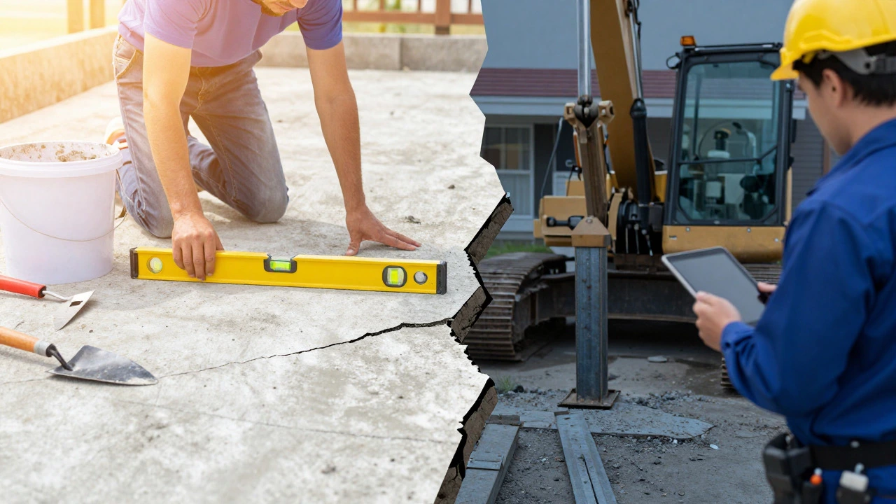 Split image comparing DIY home repair tools with professional foundation machinery