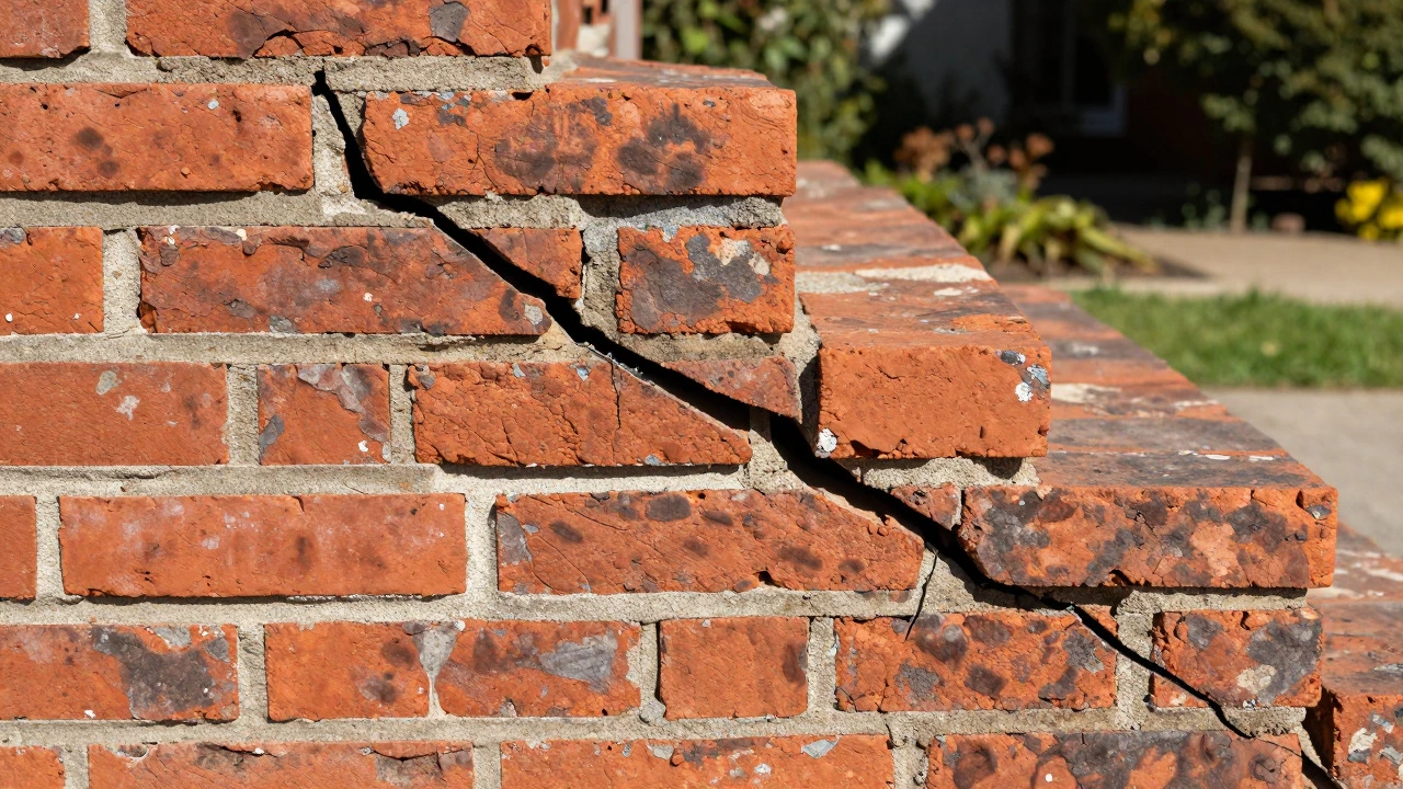Stair-step cracks visible in the mortar joints of an exterior brick wall