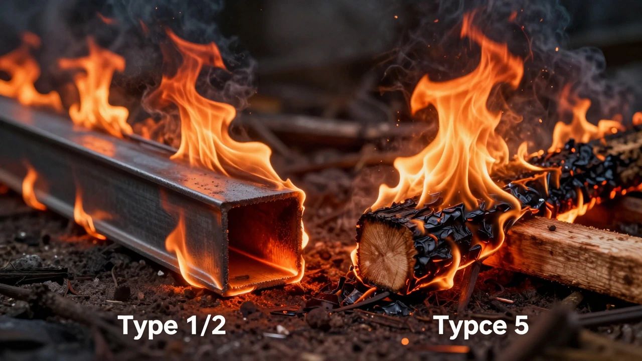 Steel vs wood beam burning to show fire resistance differences