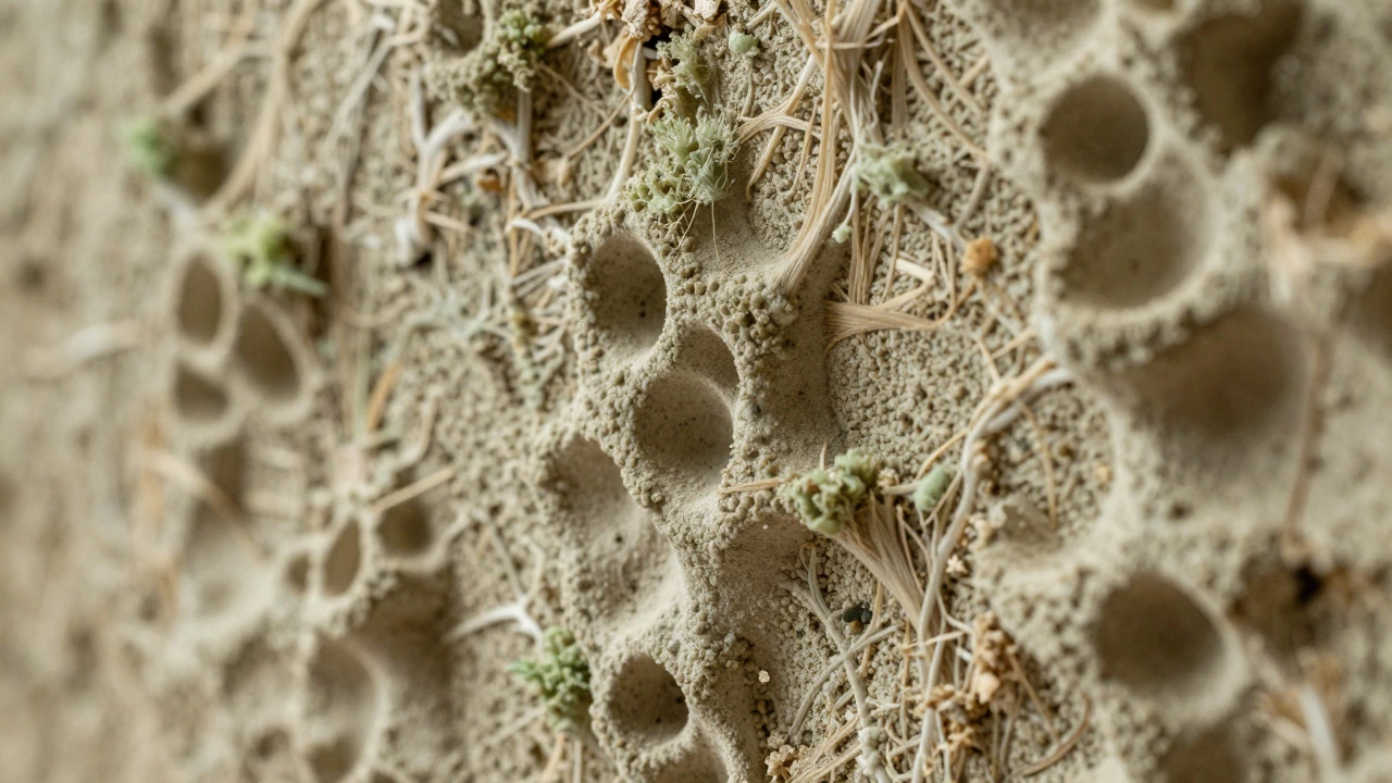 Textured mycelium and algae bio-material wall panel close-up