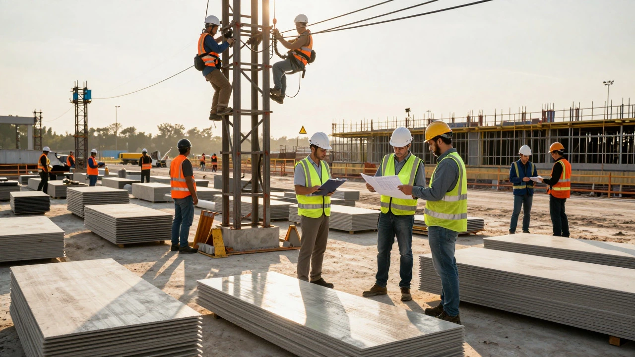 Wide shot of a busy commercial construction site with engineers and workers coordinating tasks