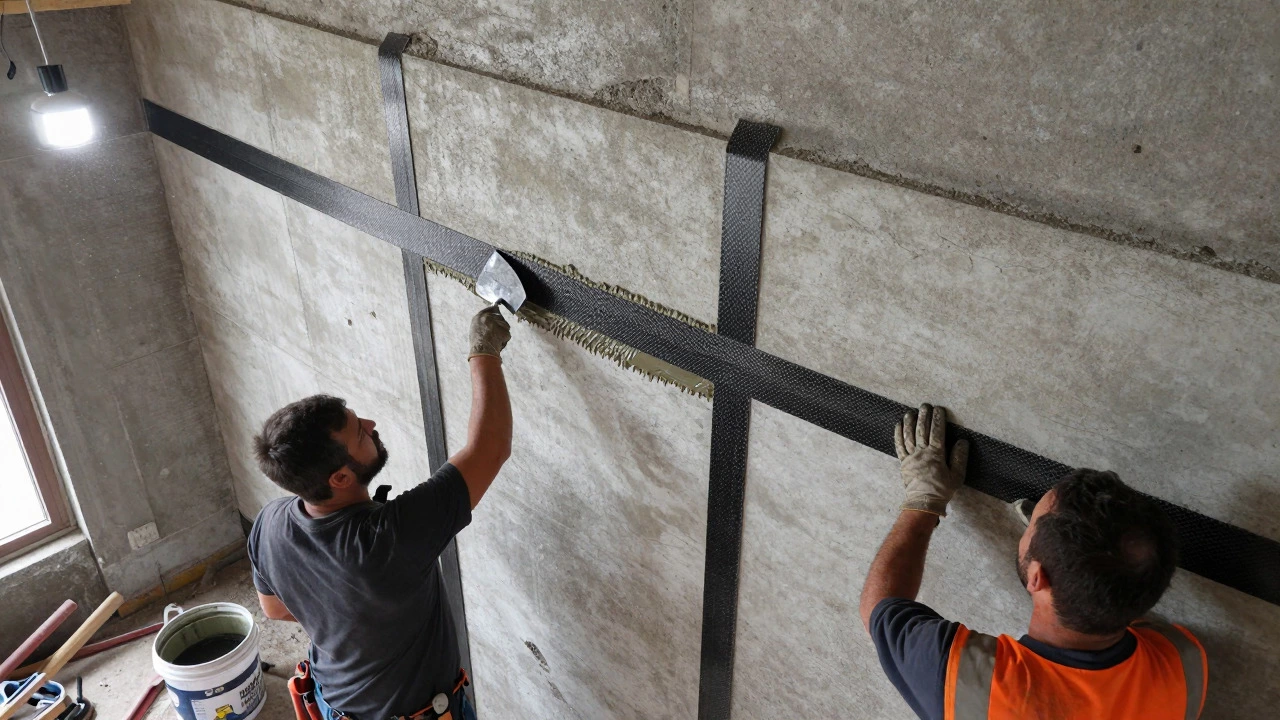 Workers installing carbon fiber straps on a bowed foundation wall