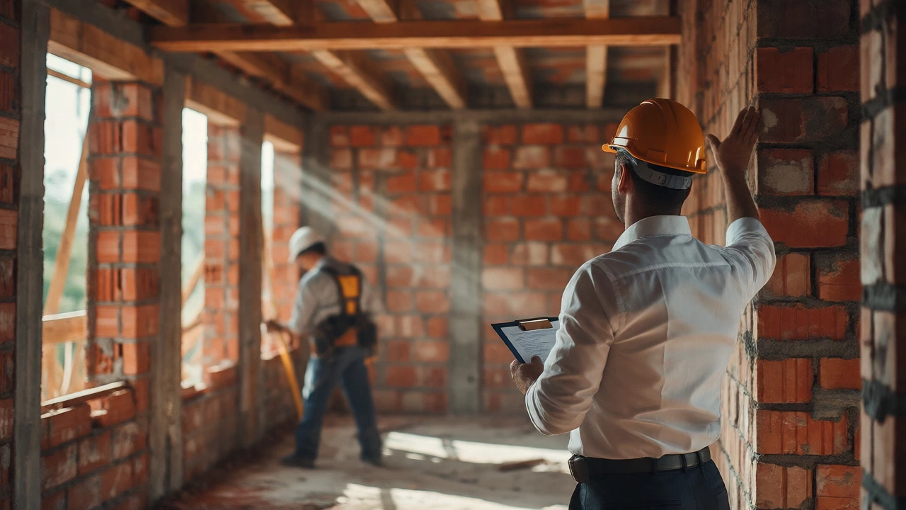 Architect inspecting construction site with builder in background
