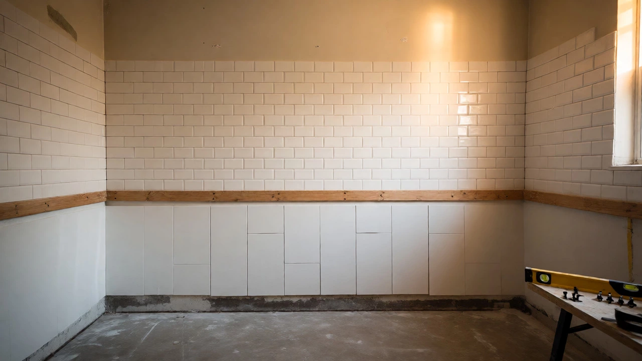 Bathroom with wall tiles supported by batten above bare concrete floor.