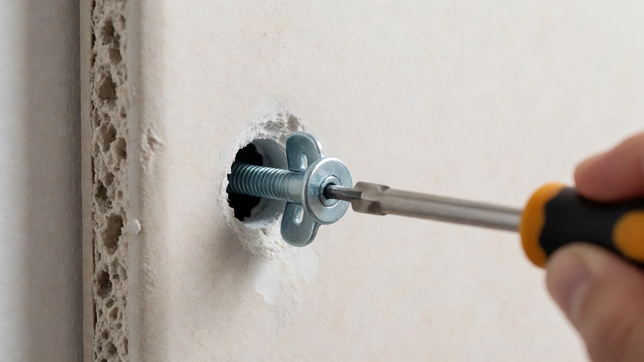 Close-up of a toggle bolt anchor securing a fixture to drywall