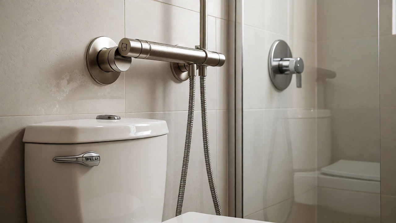Close-up of brushed nickel tapware and eco-friendly fixtures in a clean tiled bathroom.
