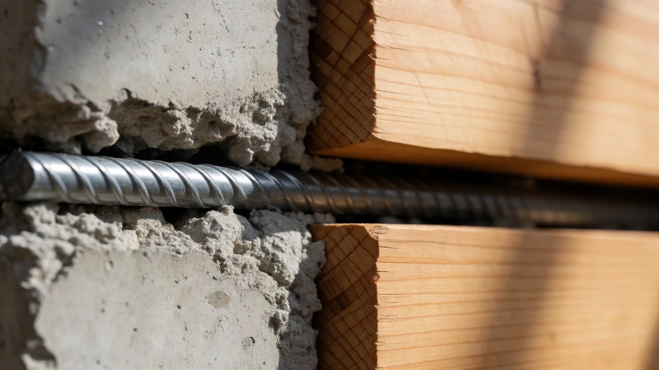 Close-up of concrete, steel, and timber structural materials