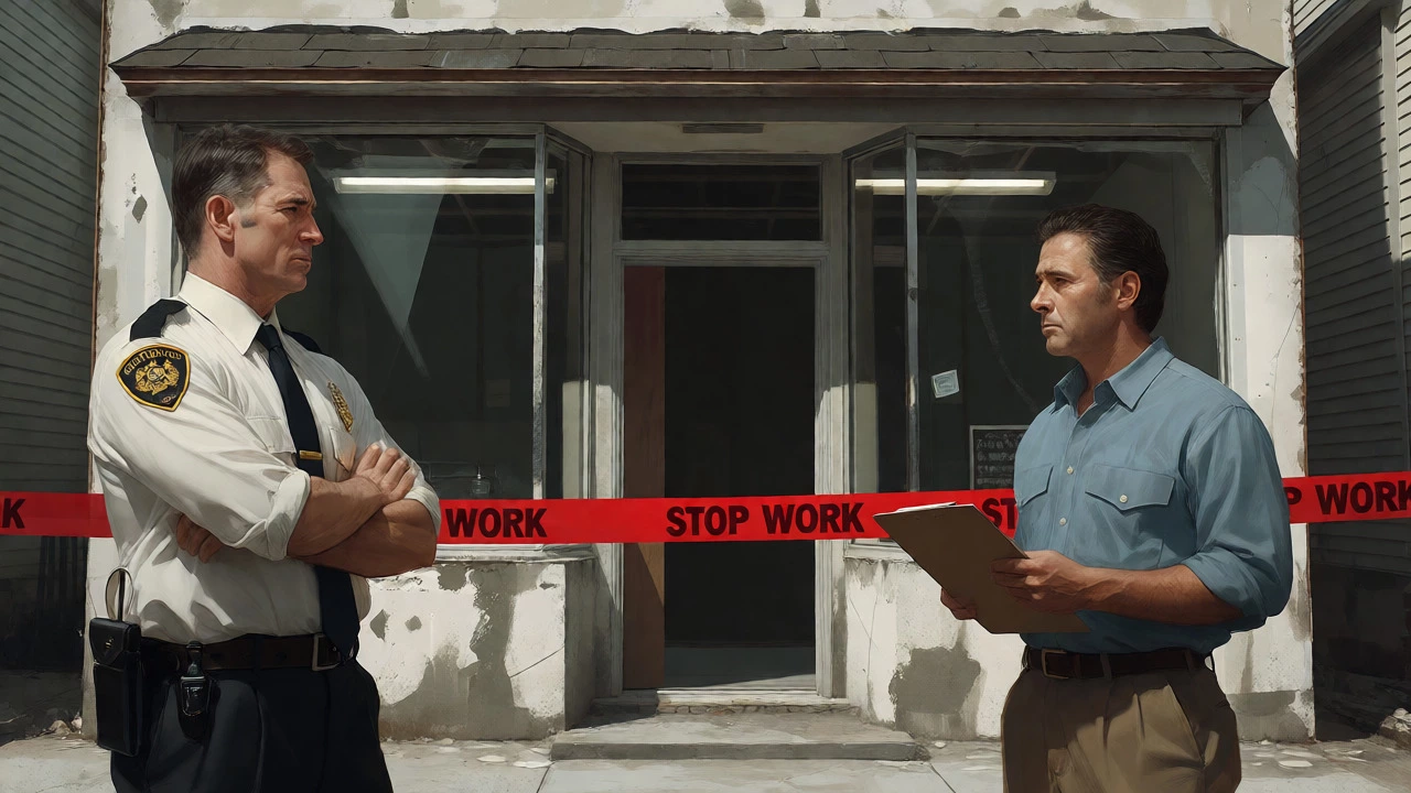 Construction inspector halting work at a mixed-use project with stop-work tape.