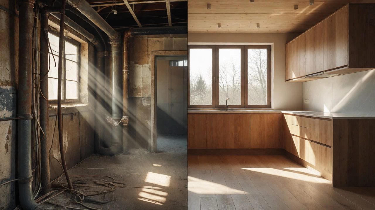 Contrast between messy renovation site and clean modern kitchen