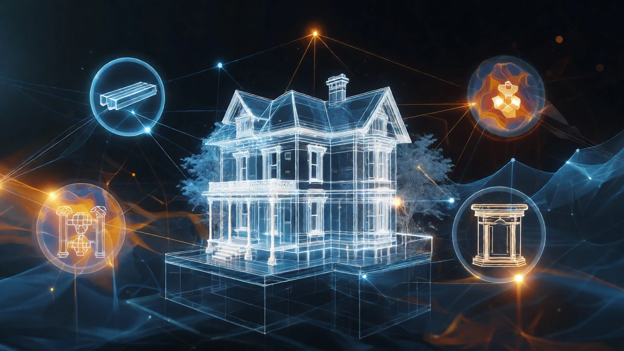 Digital visualization of architectural consultants surrounding a wireframe house