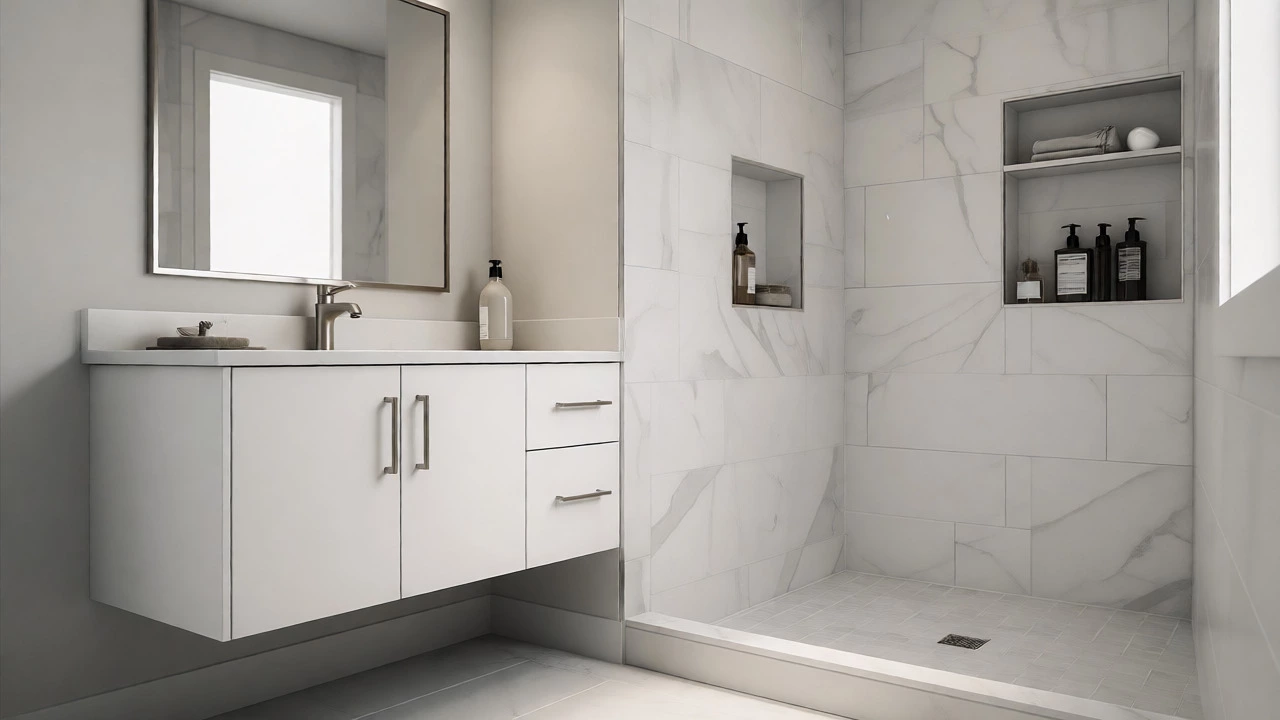 Floating vanity and recessed shower niches maximizing storage in a minimalist bathroom.