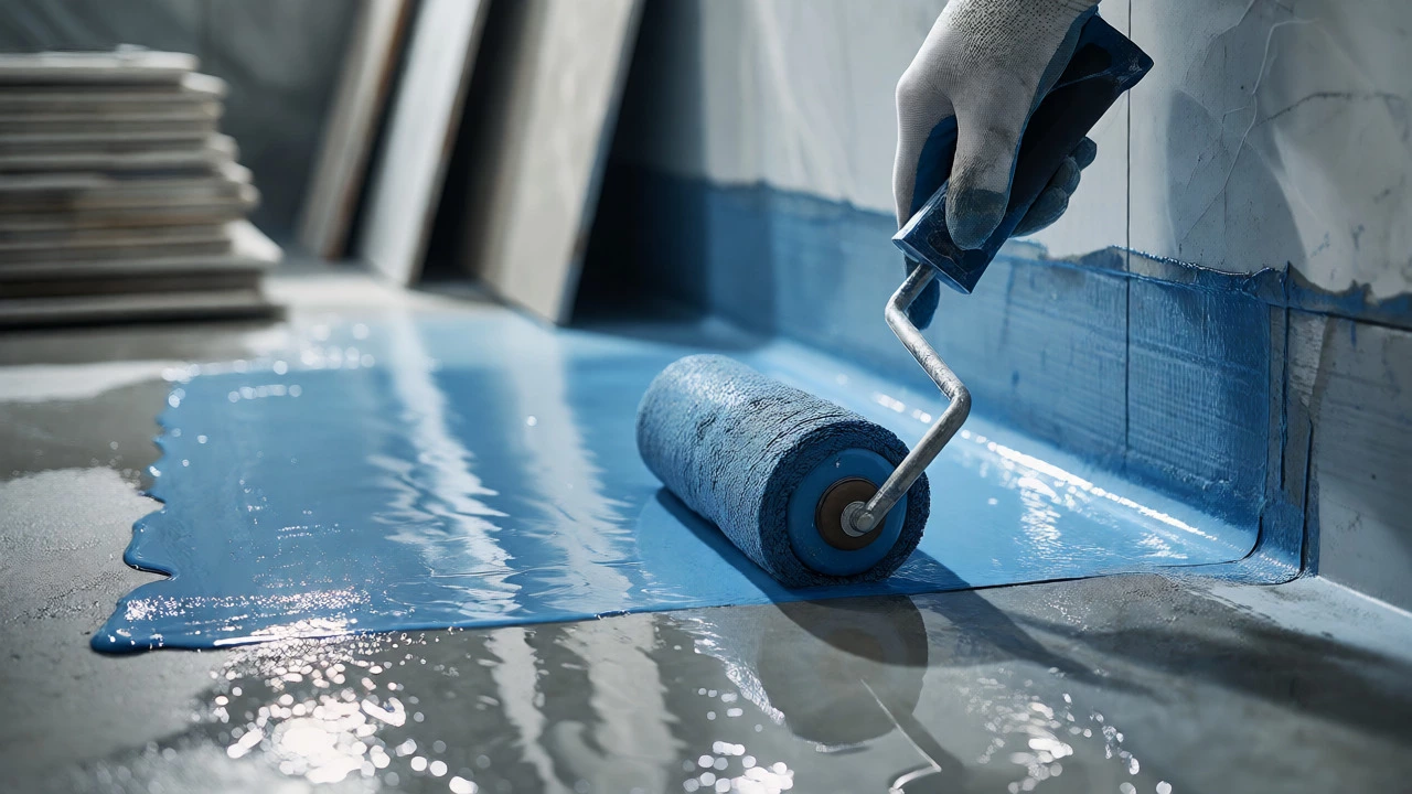 Hand applying blue waterproofing membrane to bathroom subfloor with roller.