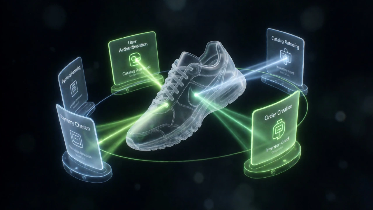 Holographic pods orbiting a sneaker illustrating the e-commerce checkout service flow