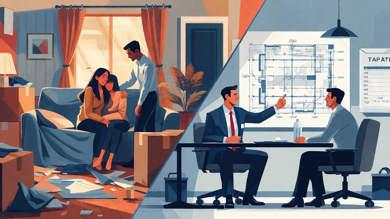 Illustration contrasting emotional residential support with analytical commercial deals