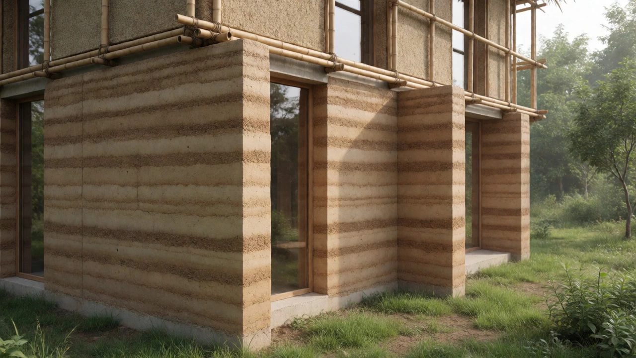 Modern eco-home with rammed earth walls and bamboo accents