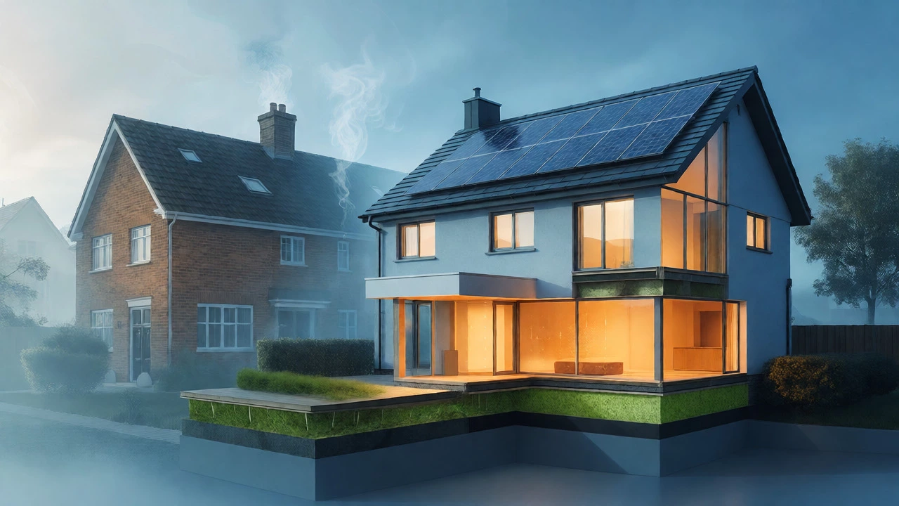 Modern efficient home vs older house with carbon emission visuals