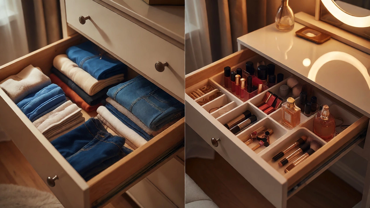 Open drawers showing folded clothes in a dresser versus makeup in a vanity